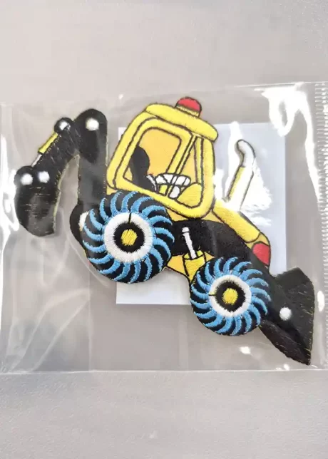 Yellow digger iron-on embroidered patch, 5 x 12cm approx.