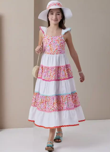 B7051 Girls' Dress in Two Lengths and Hat in Three Sizes