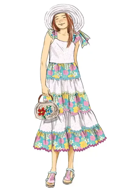 B7051 Girls' Dress in Two Lengths and Hat in Three Sizes