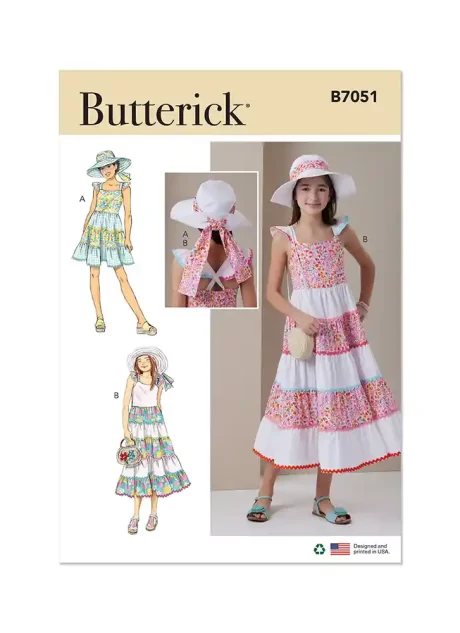 B7051 Girls' Dress in Two Lengths and Hat in Three Sizes