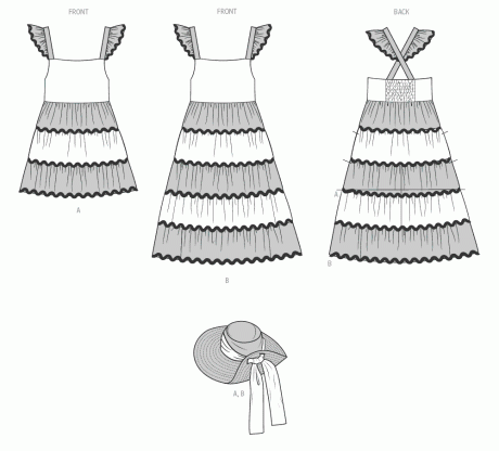 B7051 Girls' Dress in Two Lengths and Hat in Three Sizes
