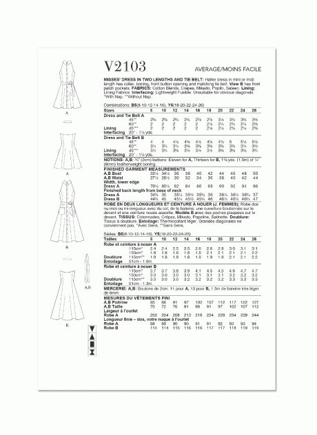 V2103 Misses' Dress in Two Lengths and Tie Belt