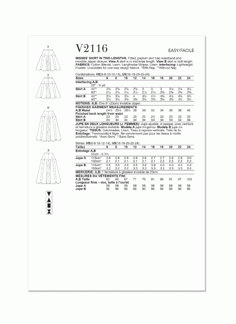 V2116 Misses' Skirt in Two Lengths