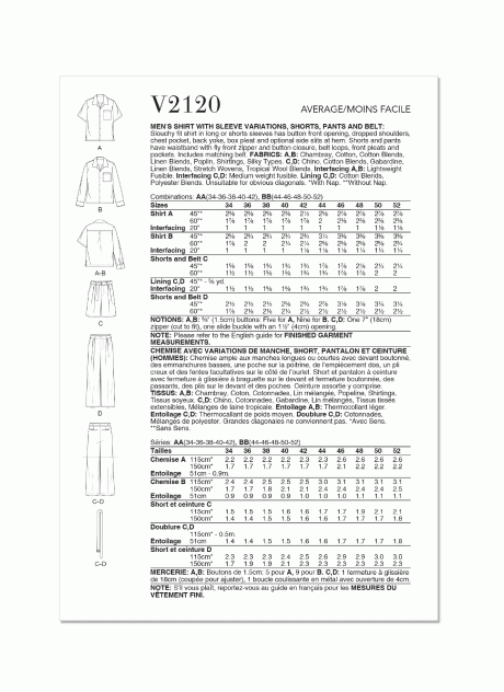 V2120 Men's Shirt with Sleeve Variations, Shorts, Pants and Belt