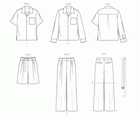 V2120 Men's Shirt with Sleeve Variations, Shorts, Pants and Belt