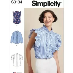 S3134 Misses' Ruffled Button Front Top with Sleeve Variations