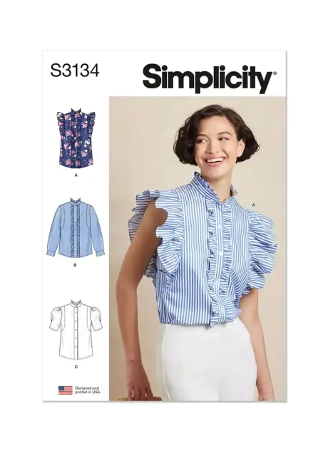 S3134 Misses' Ruffled Button Front Top with Sleeve Variations