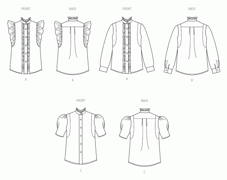 S3134 Misses' Ruffled Button Front Top with Sleeve Variations