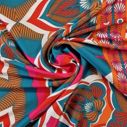 Printed twill-woven polyester, "Bond Street" (teal/pumpkin)