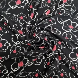 Polyester floral print, pink/white on black