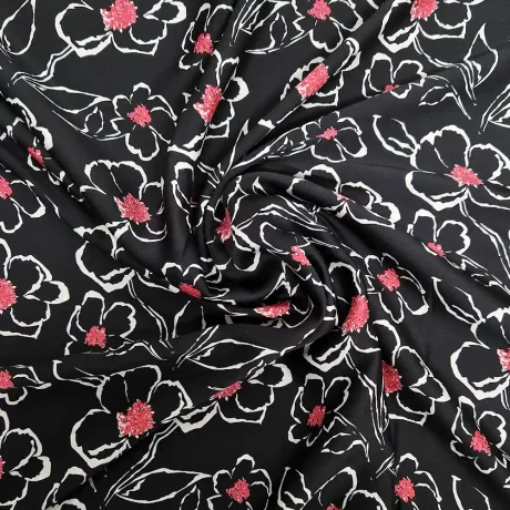 Polyester floral print, pink/white on black