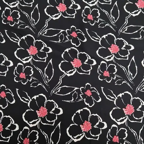 Polyester floral print, pink/white on black - Image 2