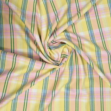 Poly cotton plaid in lemon/pink with green accents