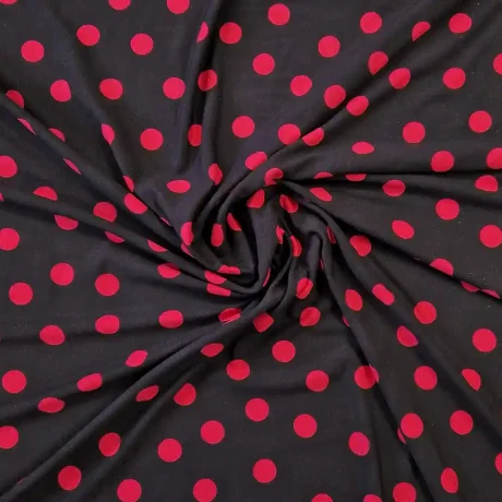 Stretch viscose polka dot jersey (black/crimson)