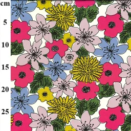 Rose & Hubble 100% cotton poplin print, "Summer of 76" (fuchsia, blue, ochre)