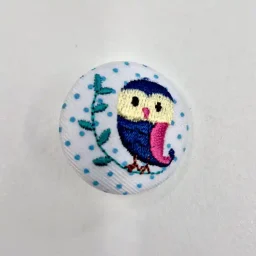 Blue woodland owl embroidered button (32mm)