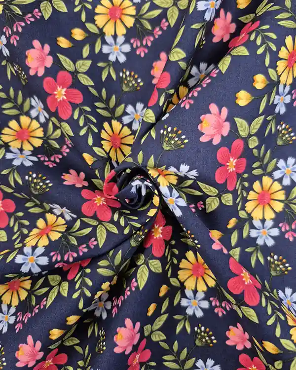 Rose & Hubble 100% Cotton Print, "Cottage Garden" (navy)